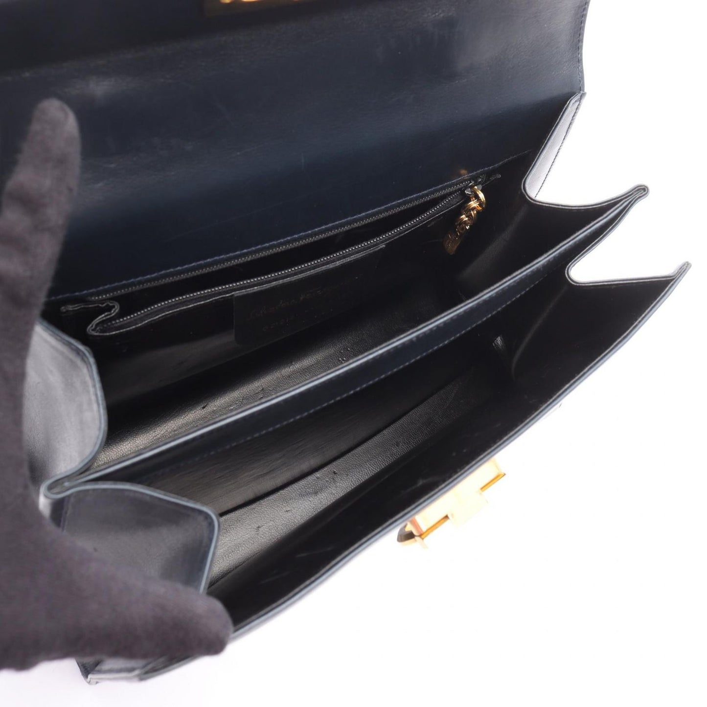 Salvatore Ferragamo Gancini Handbag in Navy Leather - Timeless Elegance