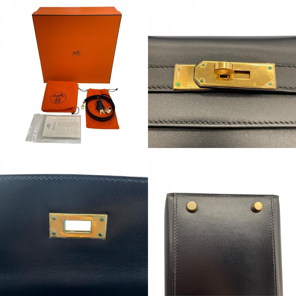 HERMES Kelly 28 Black Box Calf Shoulder Bag with Gold Hardware