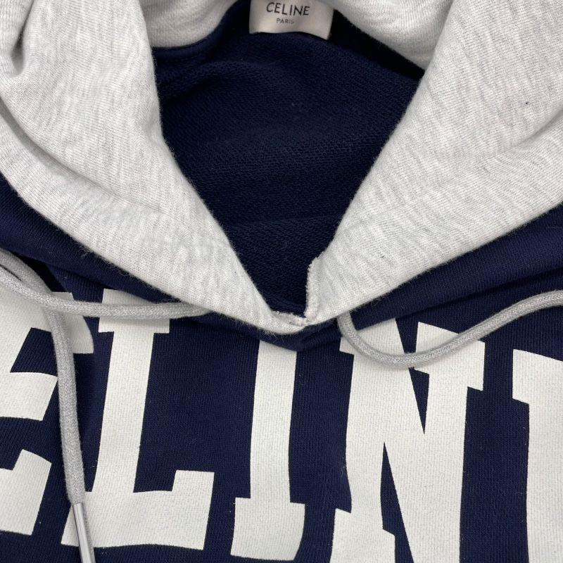 CELINE Logo Print Layered Sweat Hoodie - Navy Cotton, XS