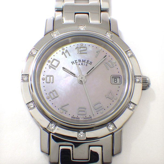 HERMES Clipper Nacre CL4.230 Diamond Bezel Pink Shell Dial Watch