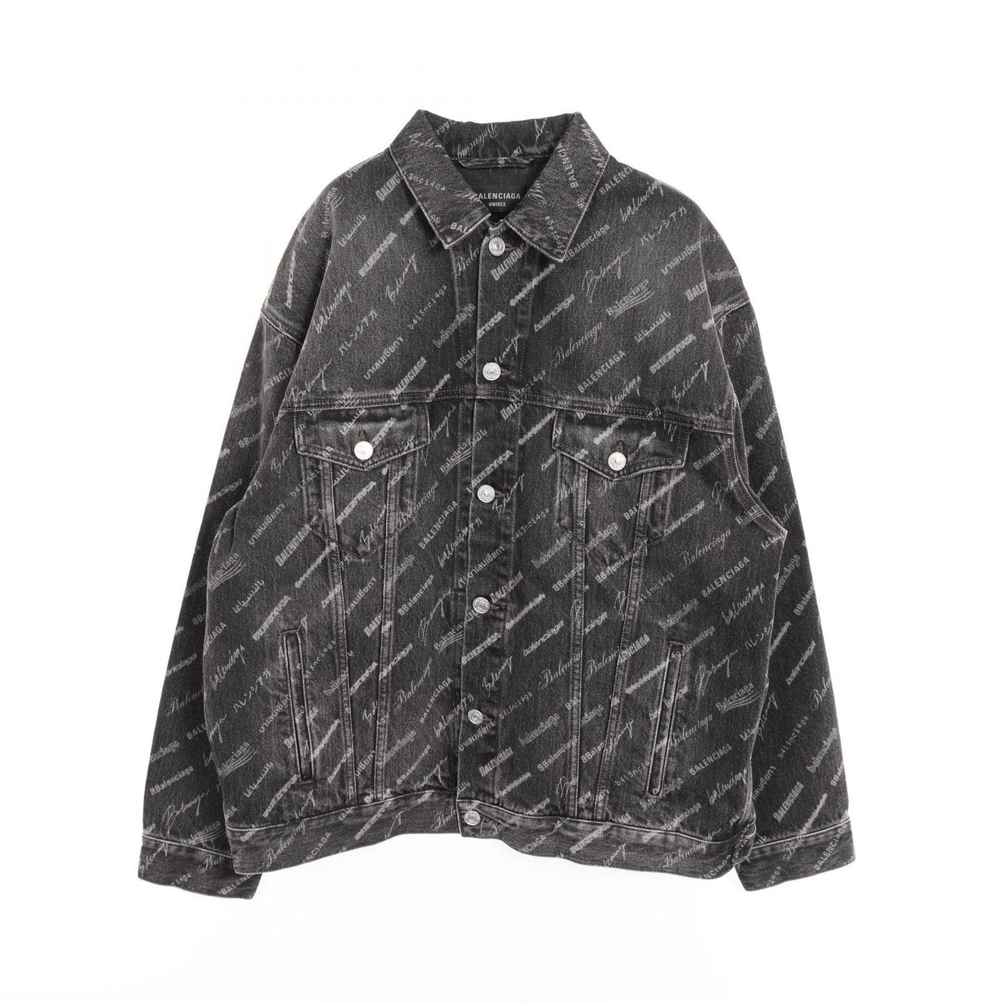 BALENCIAGA All-Over Logo Denim Jacket - Large Fit - Black