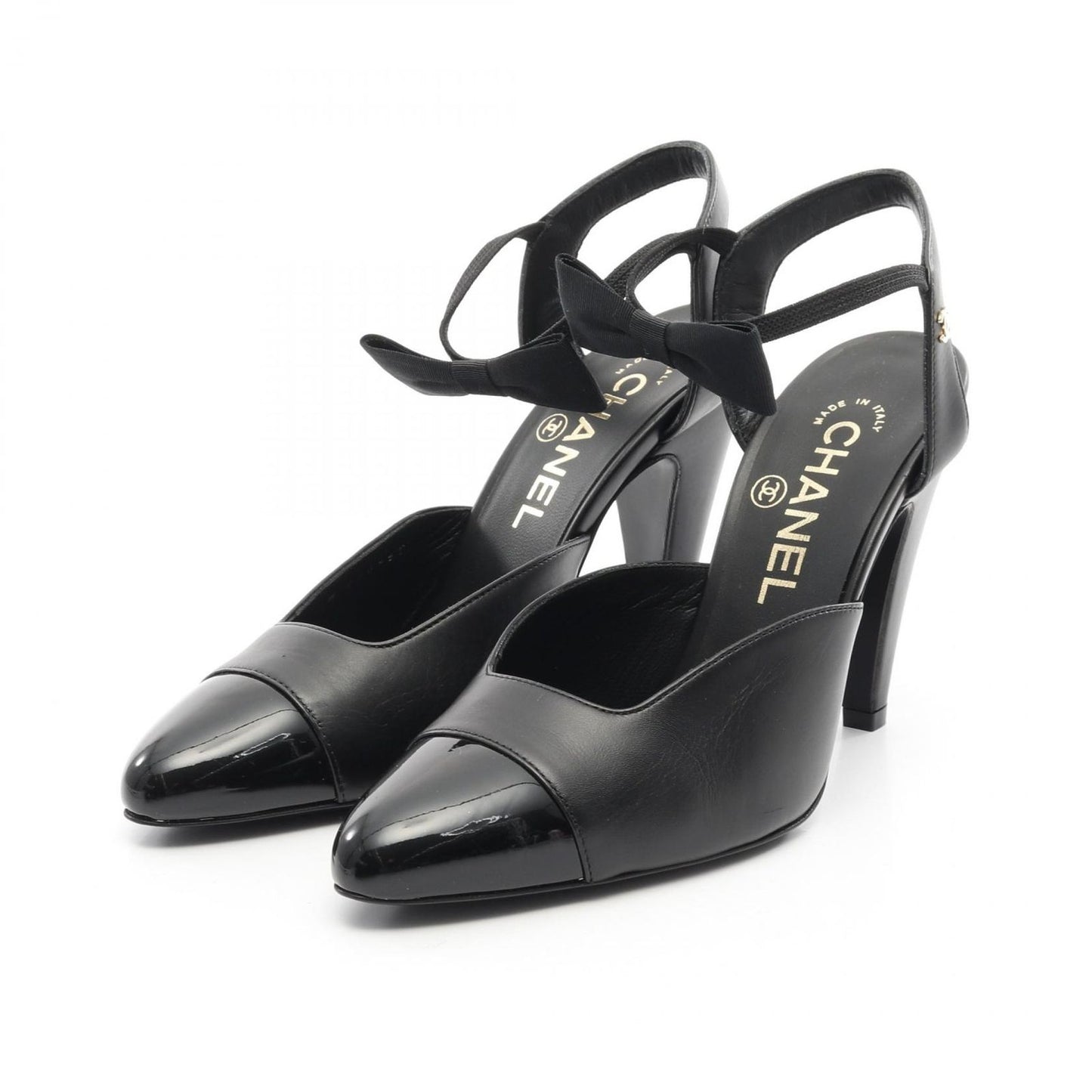 CHANEL Coco Mark Ribbon Pumps in Black Patent Leather - Size 36C