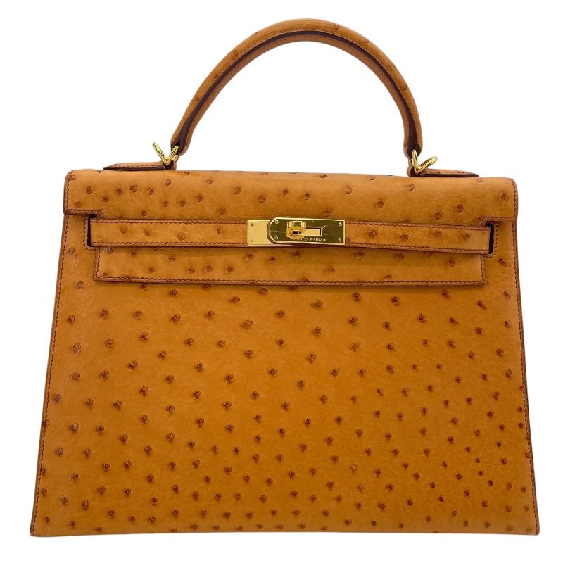 HERMES Kelly 32 Saffron Ostrich Shoulder Bag with Gold Hardware