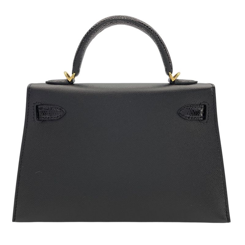 HERMES Mini Kelly 2 Touch Black Lizard Shoulder Bag with Gold Hardware