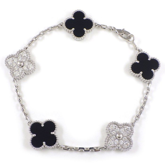 Van Cleef & Arpels Vintage Alhambra 5 Motif Bracelet with Onyx & Diamonds