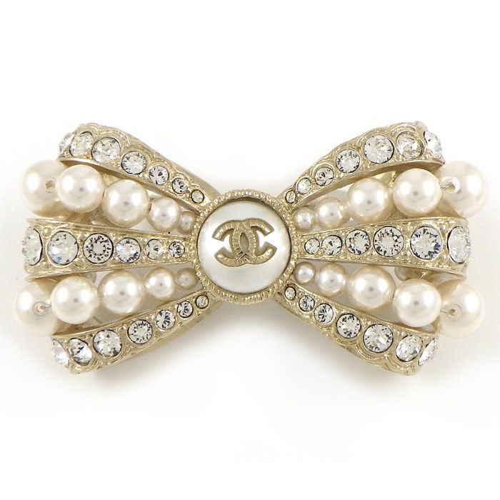CHANEL Coco Mark Bow Brooch with Rhinestones & Imitation Pearls