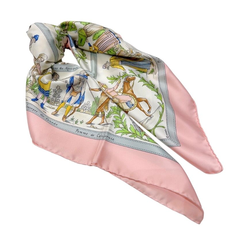 HERMES Carre 90 Costumes Civils Actuels Pink Silk Scarf