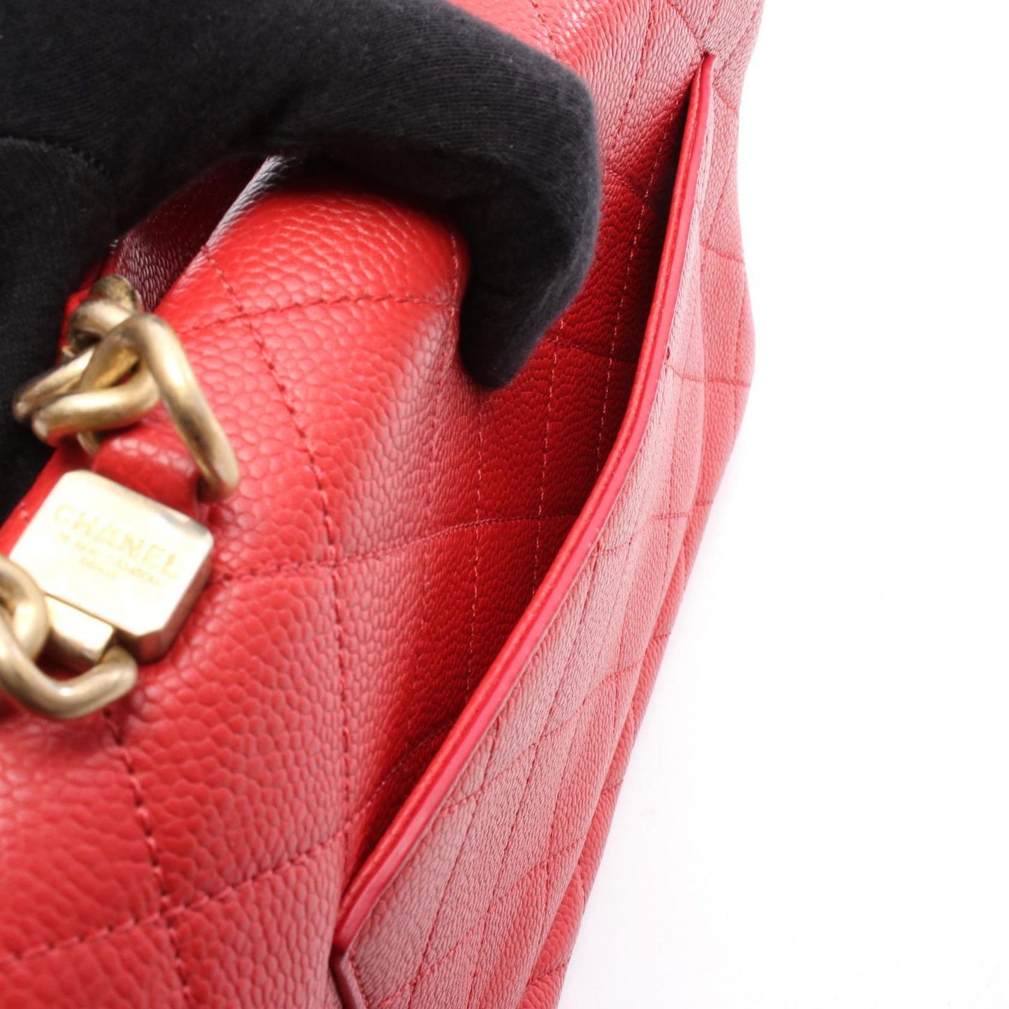 CHANEL Matelassé Top Handle Shoulder Bag in Red Caviar Leather
