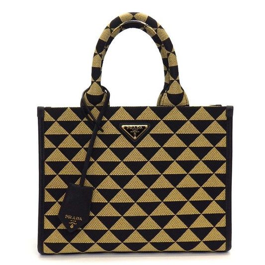 PRADA Symbol Small Tote Bag - Black & Beige Jacquard Fabric