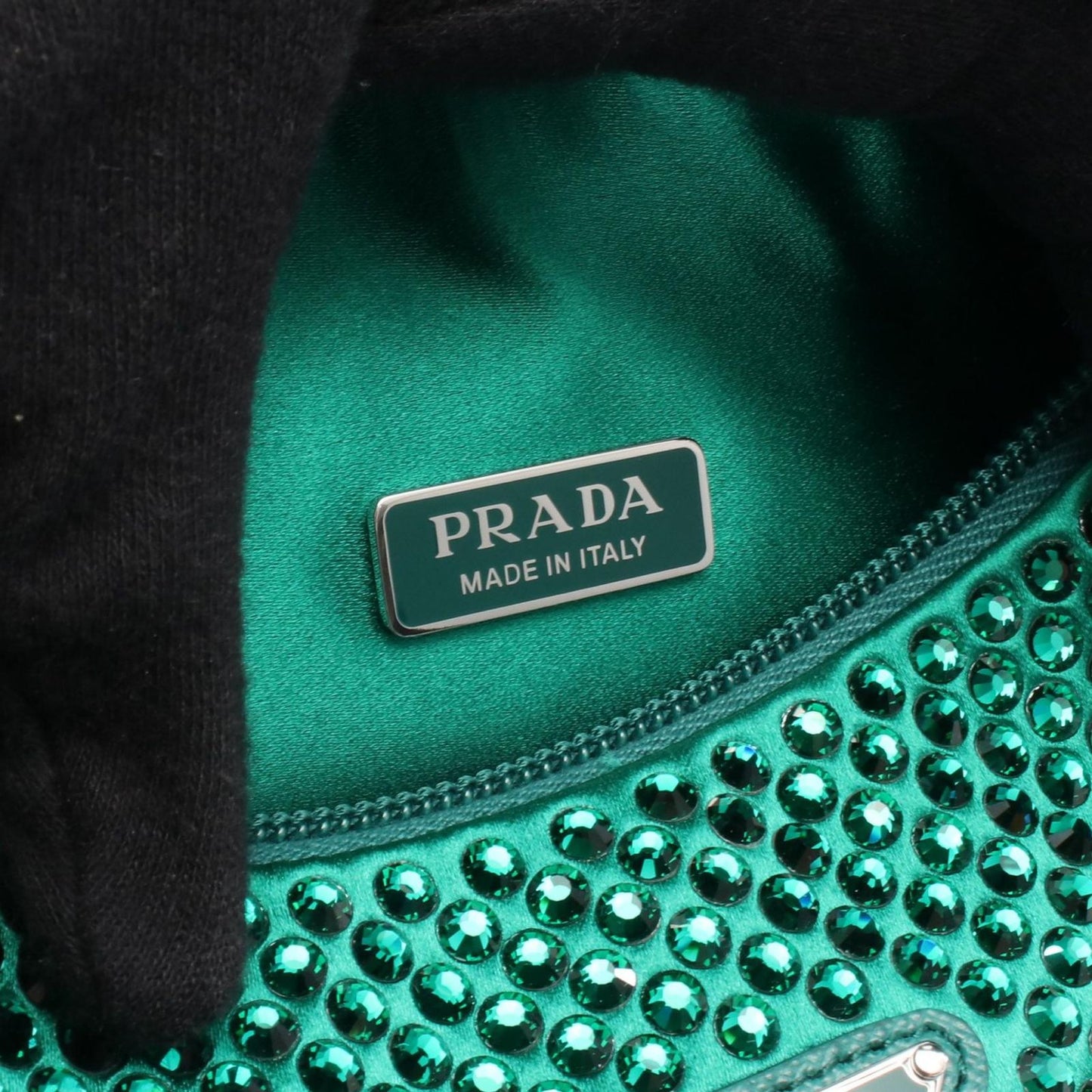 PRADA Re-Edition 2000 Handbag in Green Fabric with Crystals