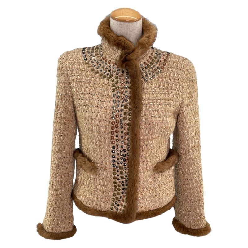 ANNA MOLINARI Beige Tweed Jacket with Fur Trim - Exquisite Craftsmanship