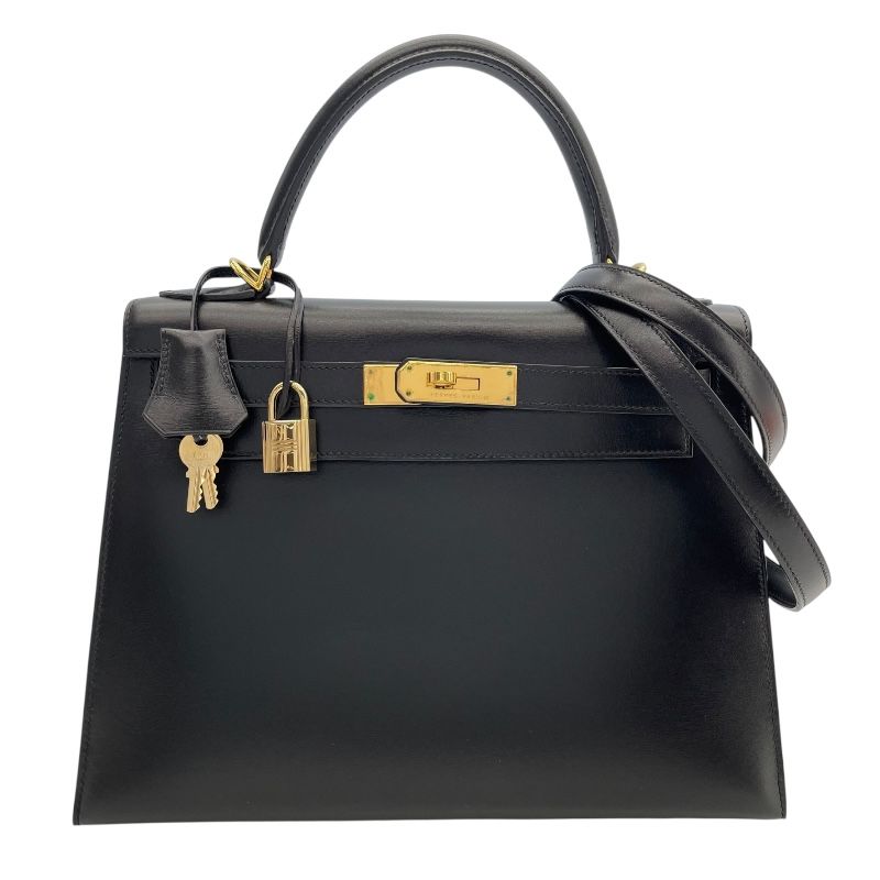 HERMES Kelly 28 Black Box Calf Shoulder Bag with Gold Hardware