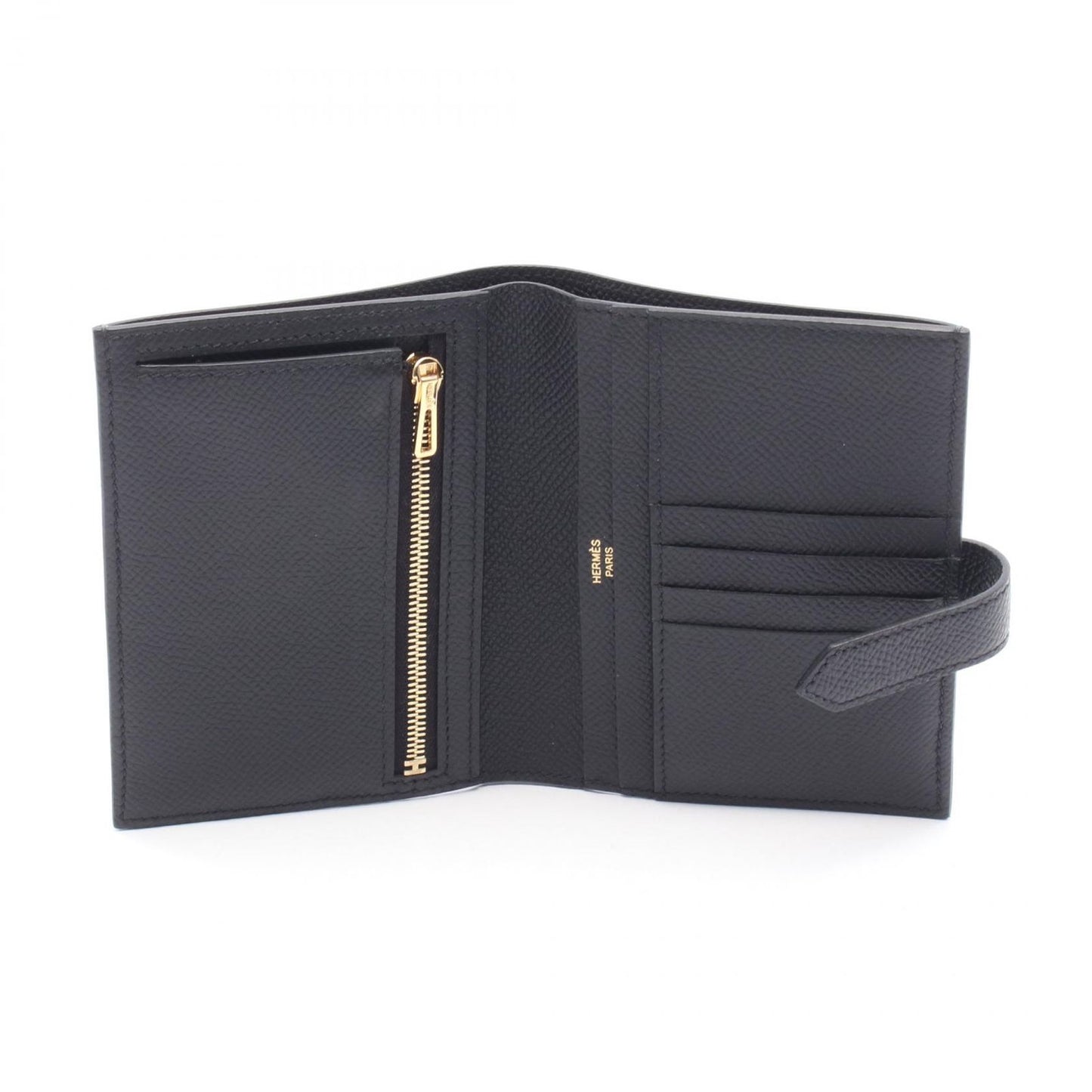 HERMES Béarn Compact Wallet in Black Calfskin - Timeless Elegance