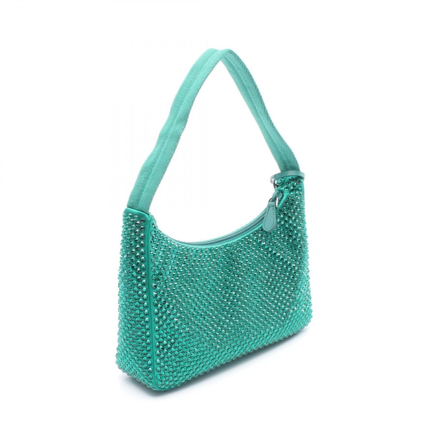 PRADA Re-Edition 2000 Handbag in Green Fabric with Crystals