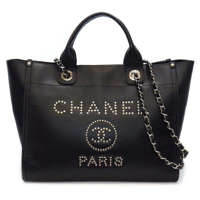CHANEL Deauville MM Studded Handbag in Black Grained Calfskin