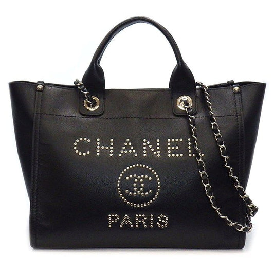 CHANEL Deauville MM Studded Handbag in Black Grained Calfskin