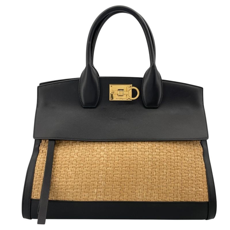 Salvatore Ferragamo Studio 2-Way Black Leather/Raffia Shoulder Bag