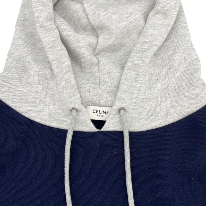 CELINE Logo Print Layered Sweat Hoodie - Navy Cotton, XS