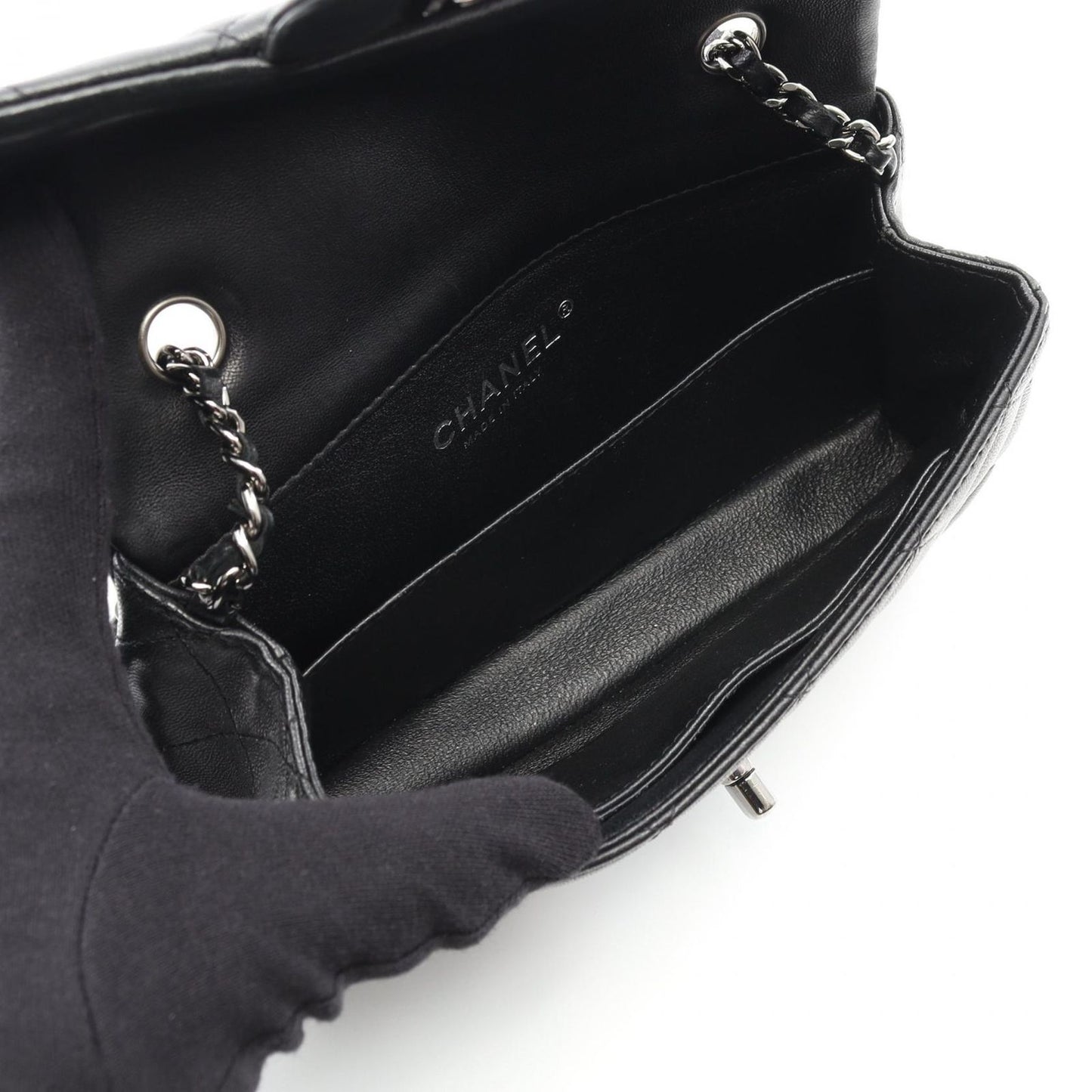 CHANEL Mini Matelassé Shoulder Bag in Black Lambskin
