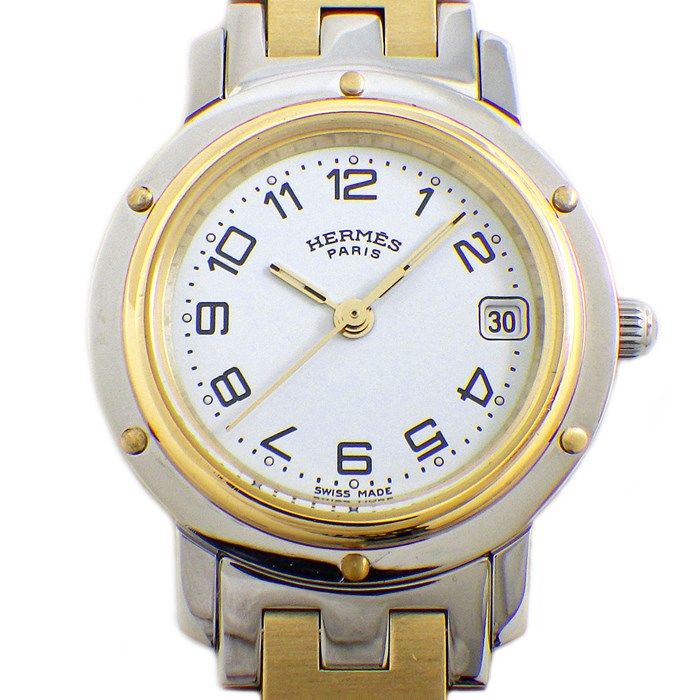 HERMES Clipper CL4.220 Quartz Watch - White Dial, Gold & Silver