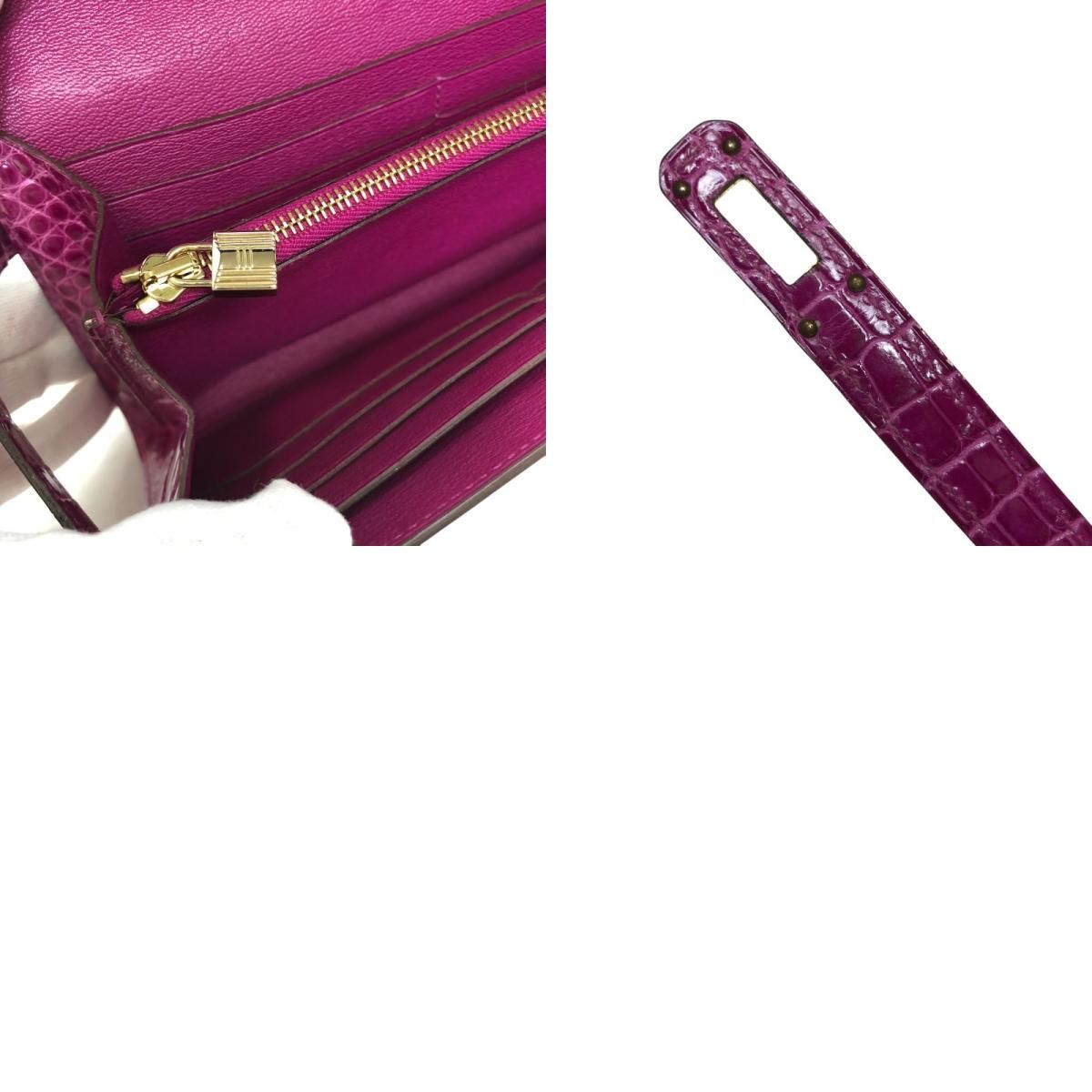 HERMES Kelly Wallet C Stamp Rose Sheherazade Alligator Gold Hardware