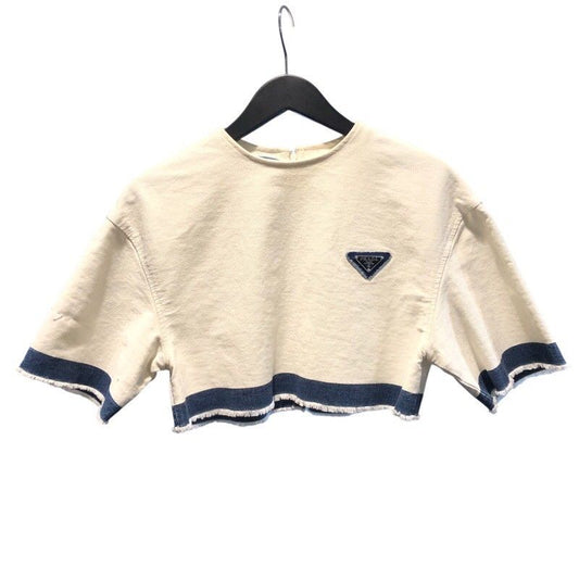 PRADA Triangle Logo Cream Cotton Cropped Top - Size 38
