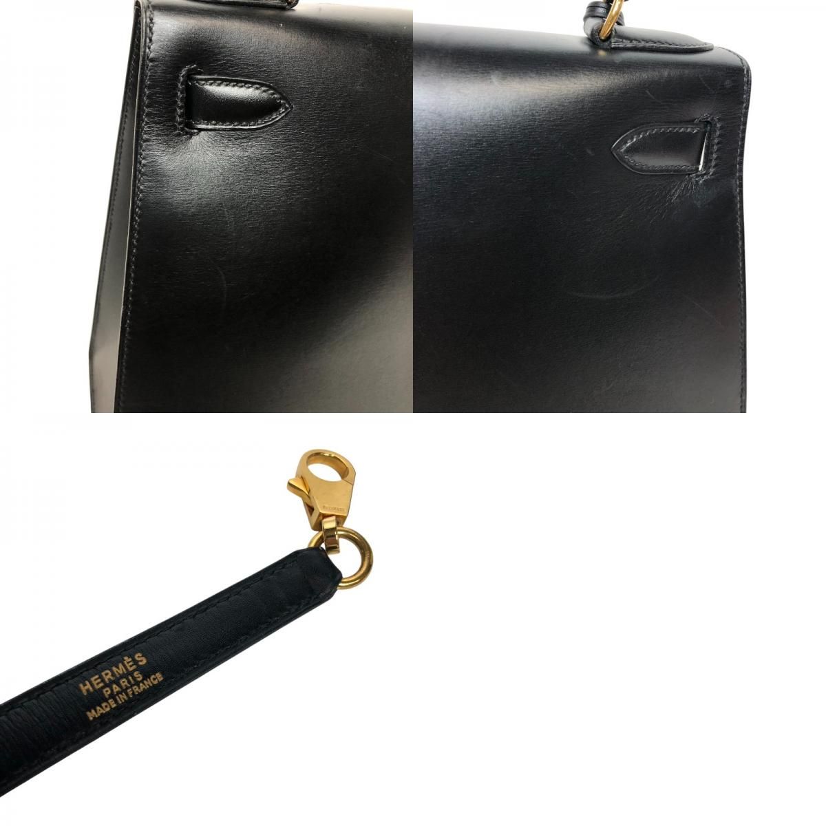 HERMES Kelly 28 Black Box Calf Shoulder Bag with Gold Hardware