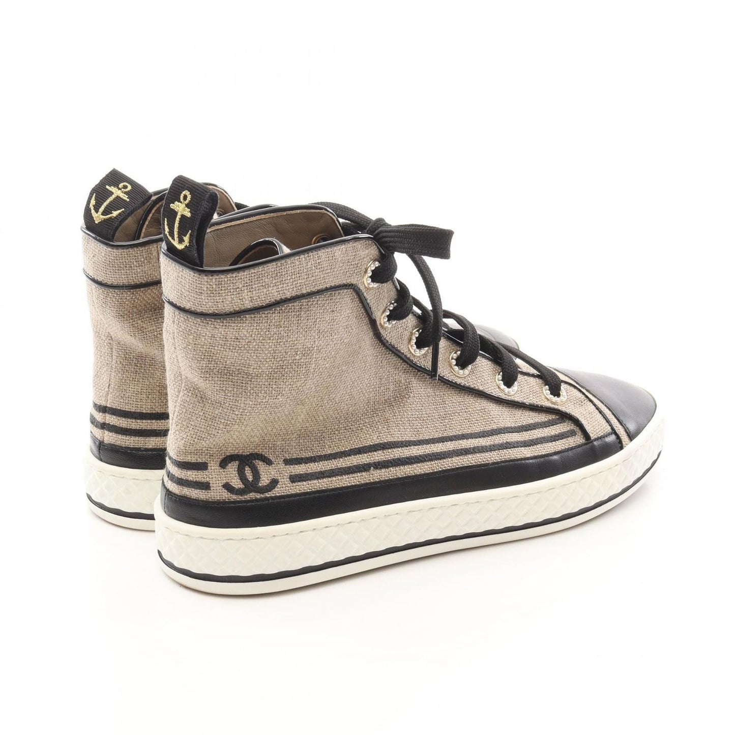 CHANEL Coco Mark High-Top Sneakers in Beige/Black Canvas & Leather
