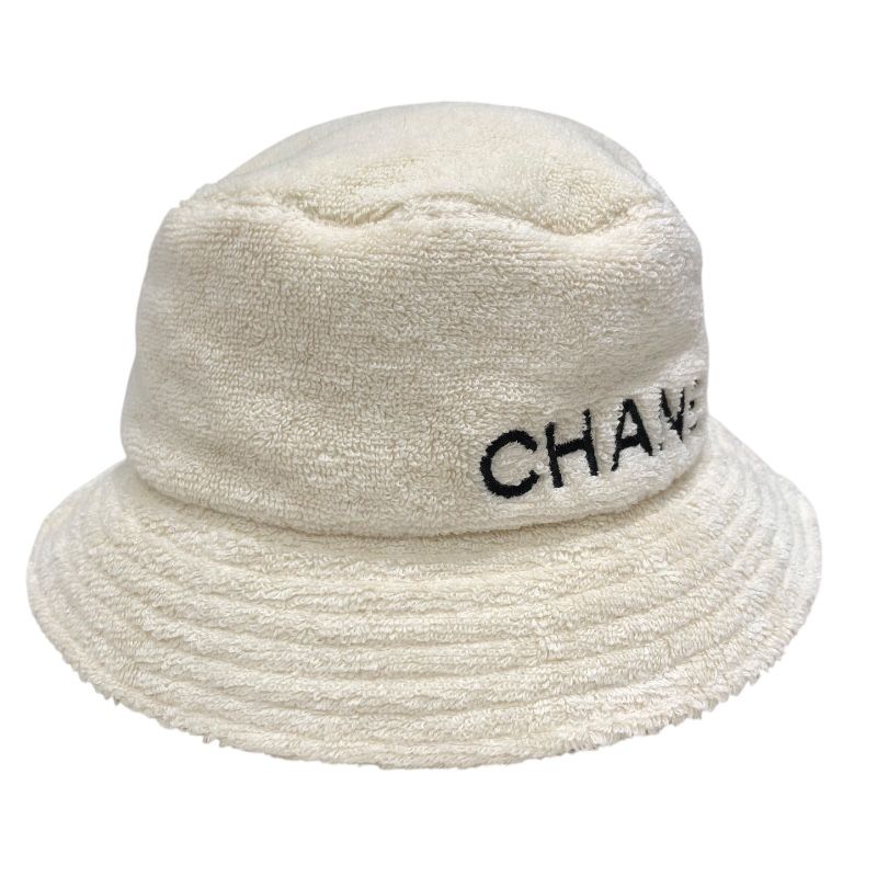 CHANEL Logo Embroidered Pile Bucket Hat in Cream Cotton