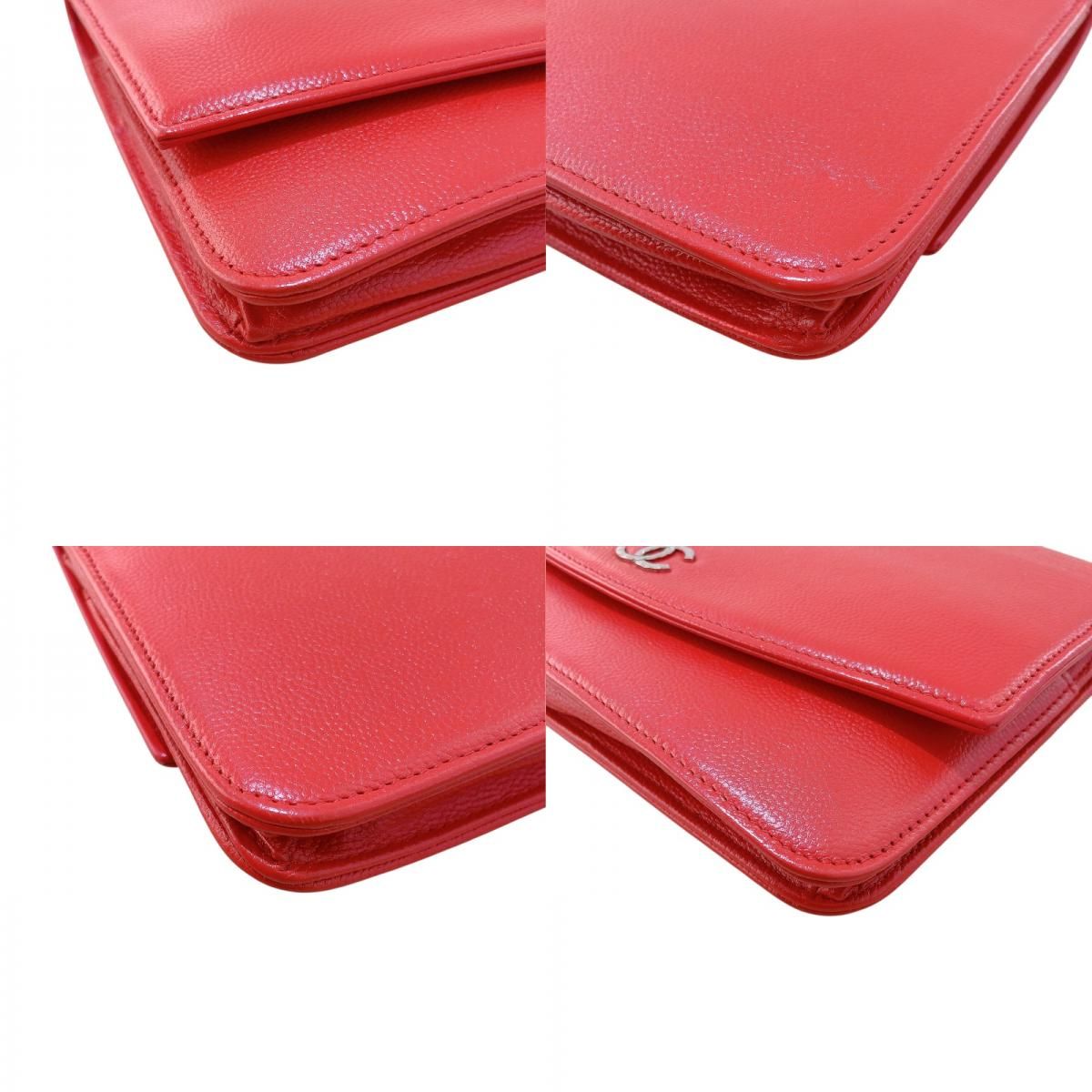 CHANEL Red Caviar Skin Chain Wallet with Silver Hardware