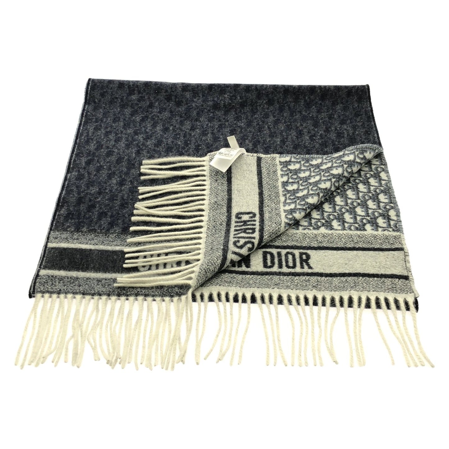 Dior Cashmere Oblique Scarf in Ecru White/Navy Blue - Exquisite Luxury