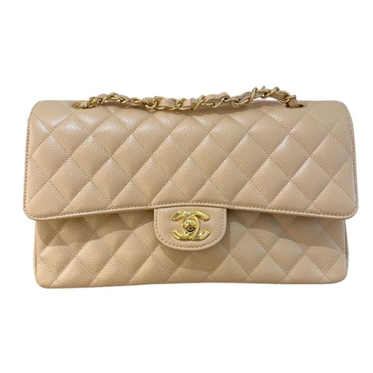CHANEL Matelassé 25 Beige Caviar Shoulder Bag with Gold Hardware