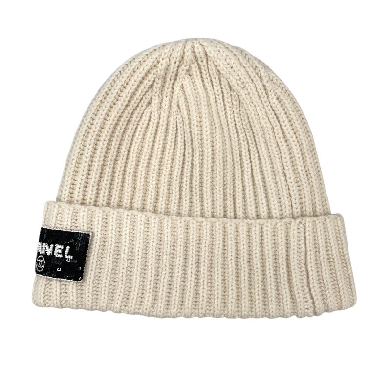 CHANEL Ivory Cashmere Sequin Logo Knit Cap - Unisex Luxury Accessory