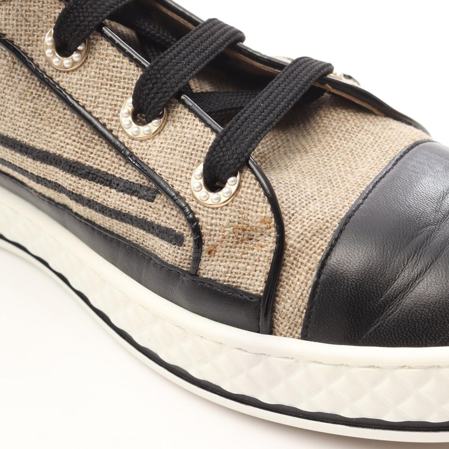 CHANEL Coco Mark High-Top Sneakers in Beige/Black Canvas & Leather