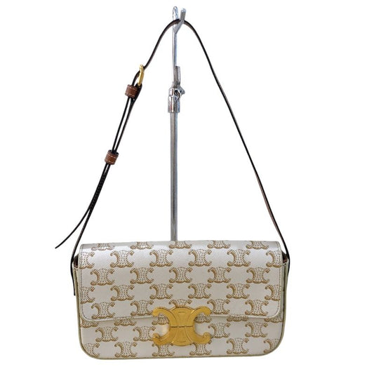 CELINE Claude Shoulder Bag in White Trionf Canvas & Calfskin