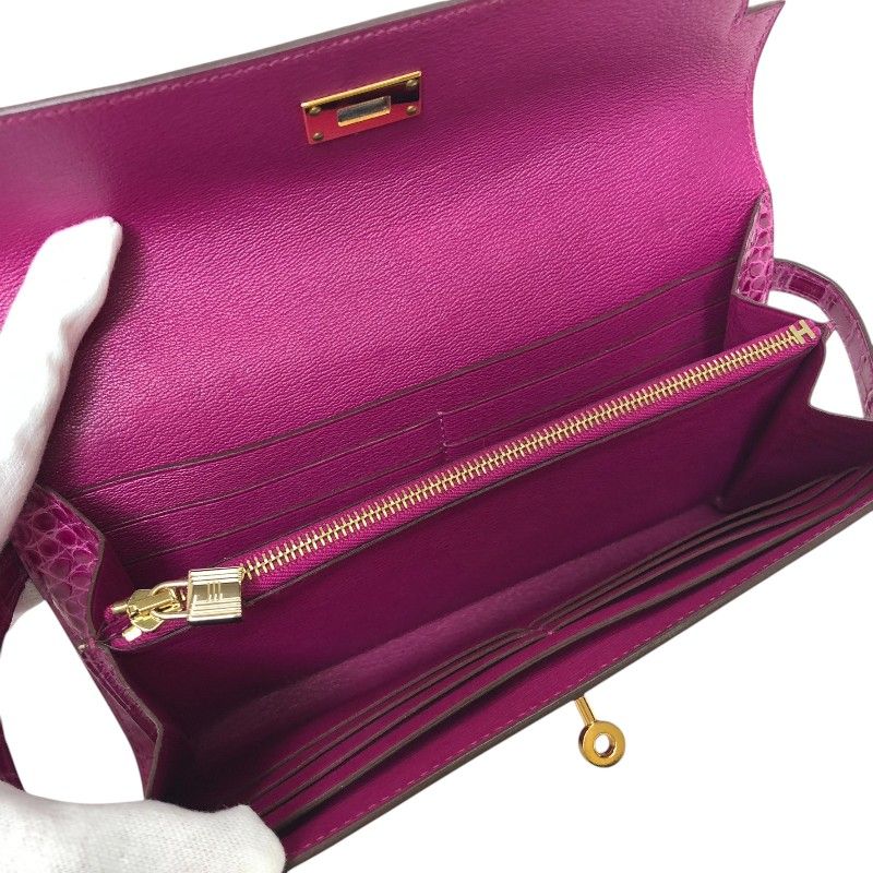 HERMES Kelly Wallet C Stamp Rose Sheherazade Alligator Gold Hardware