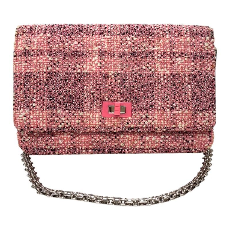 CHANEL 2.55 Chain Wallet in Pink Tweed with Silver Hardware