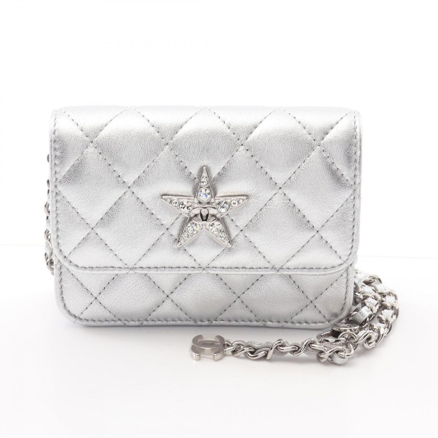 CHANEL Matelassé Star Motif Mini Chain Shoulder Bag in Silver Lambskin