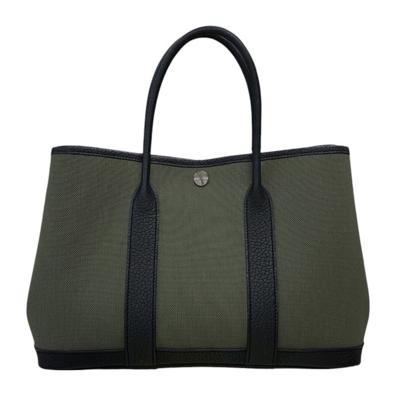 HERMES Garden Party TPM Tote Bag in Khaki & Black with Silver Hardware