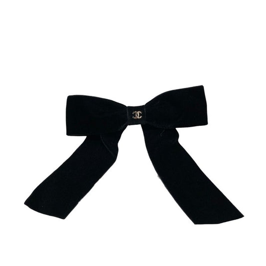 CHANEL Coco Mark Ribbon Barrette - Black Velvet Luxury Accessory