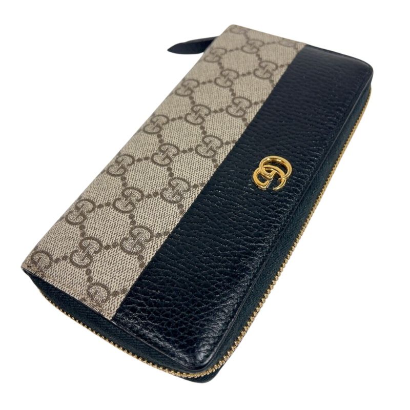 GUCCI Double G Zip Around Wallet - Black/Beige with Gold Hardware