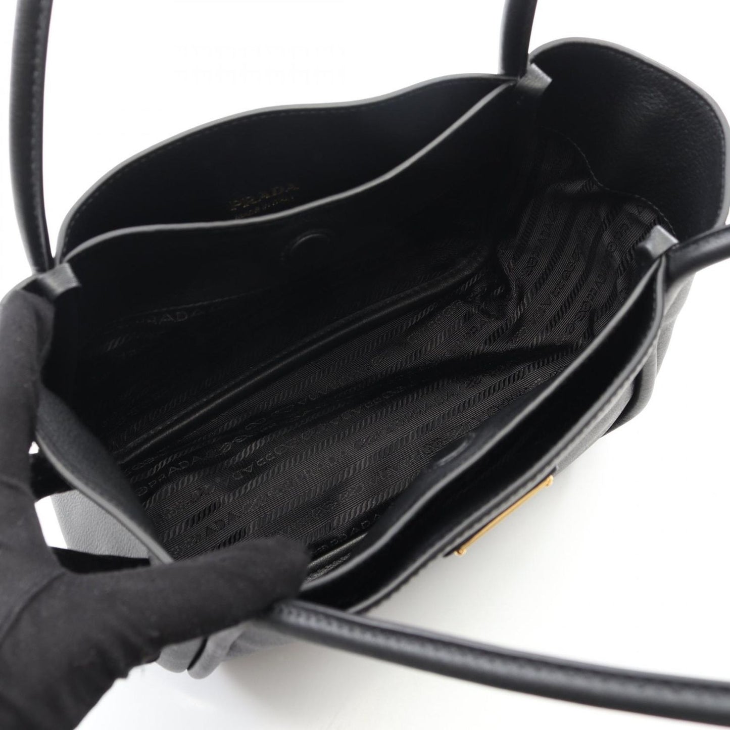 PRADA Soft Grain Triangle Logo Mini Tote Bag - Black Leather