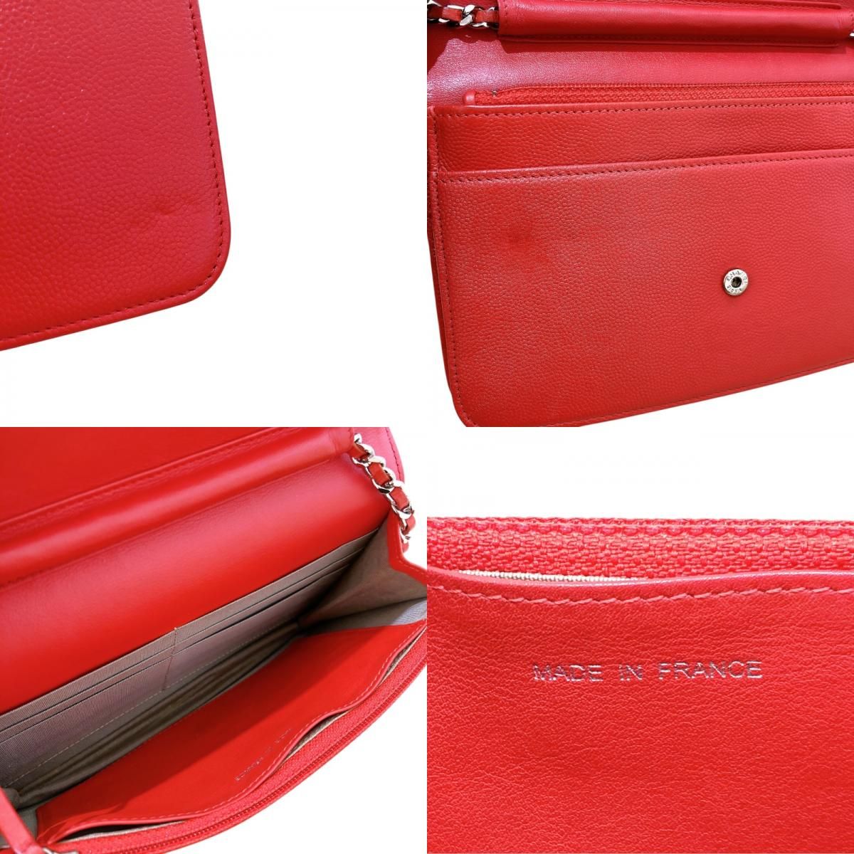 CHANEL Red Caviar Skin Chain Wallet with Silver Hardware