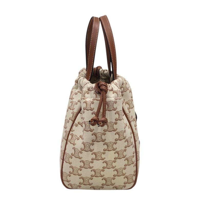 CELINE Small Cabas Drawstring Bag - White & Tan Textile