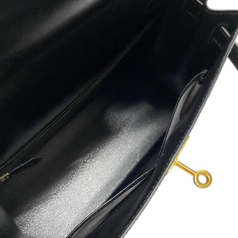 HERMES Kelly 28 Black Box Calf Handbag with Gold Hardware