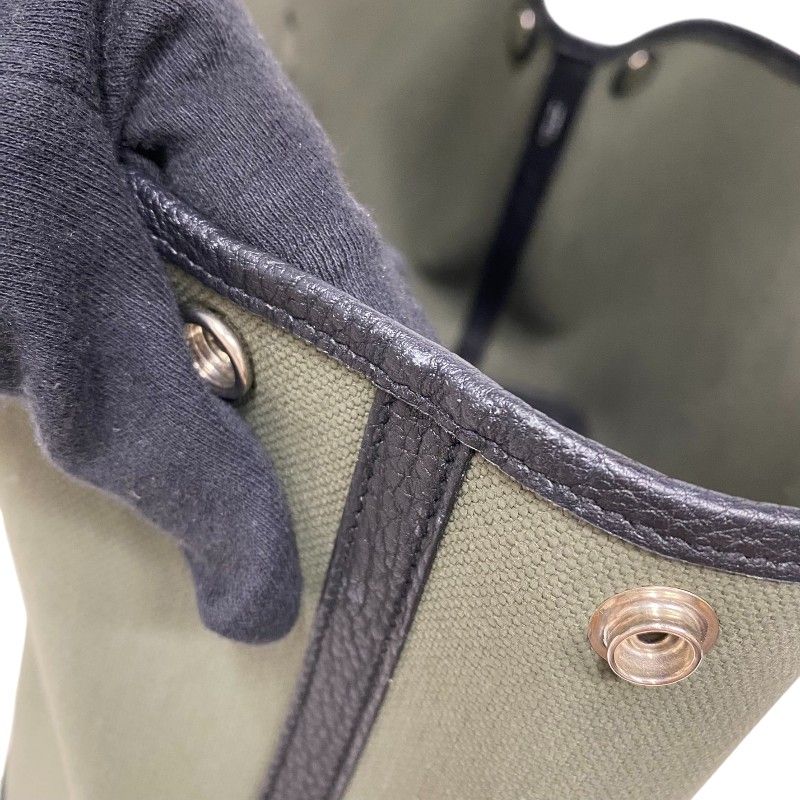 HERMES Garden Party TPM Tote Bag in Khaki & Black with Silver Hardware