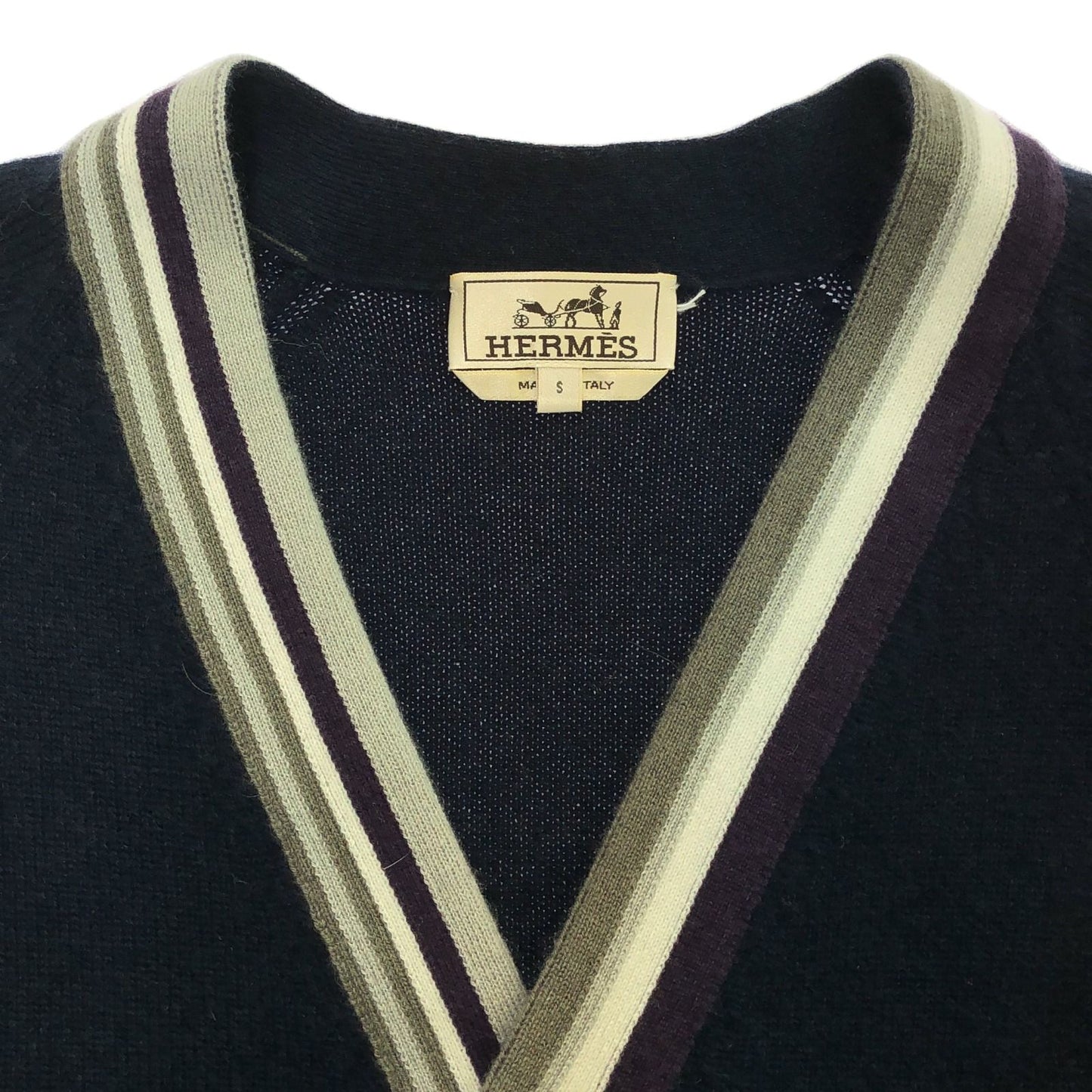 HERMES Navy Multi-Color Cashmere V-Neck Cardigan - Size S