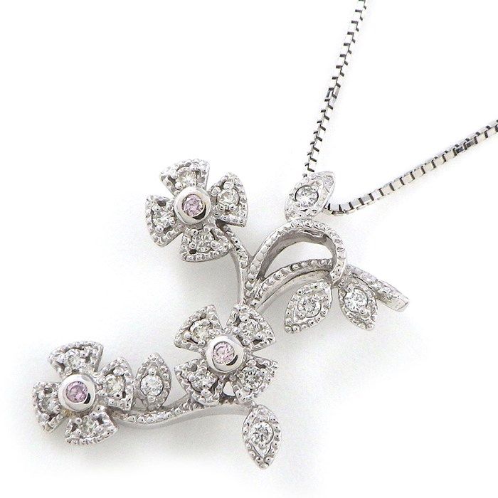 Exquisite K18 White Gold Flower Motif Necklace with Pink Diamonds
