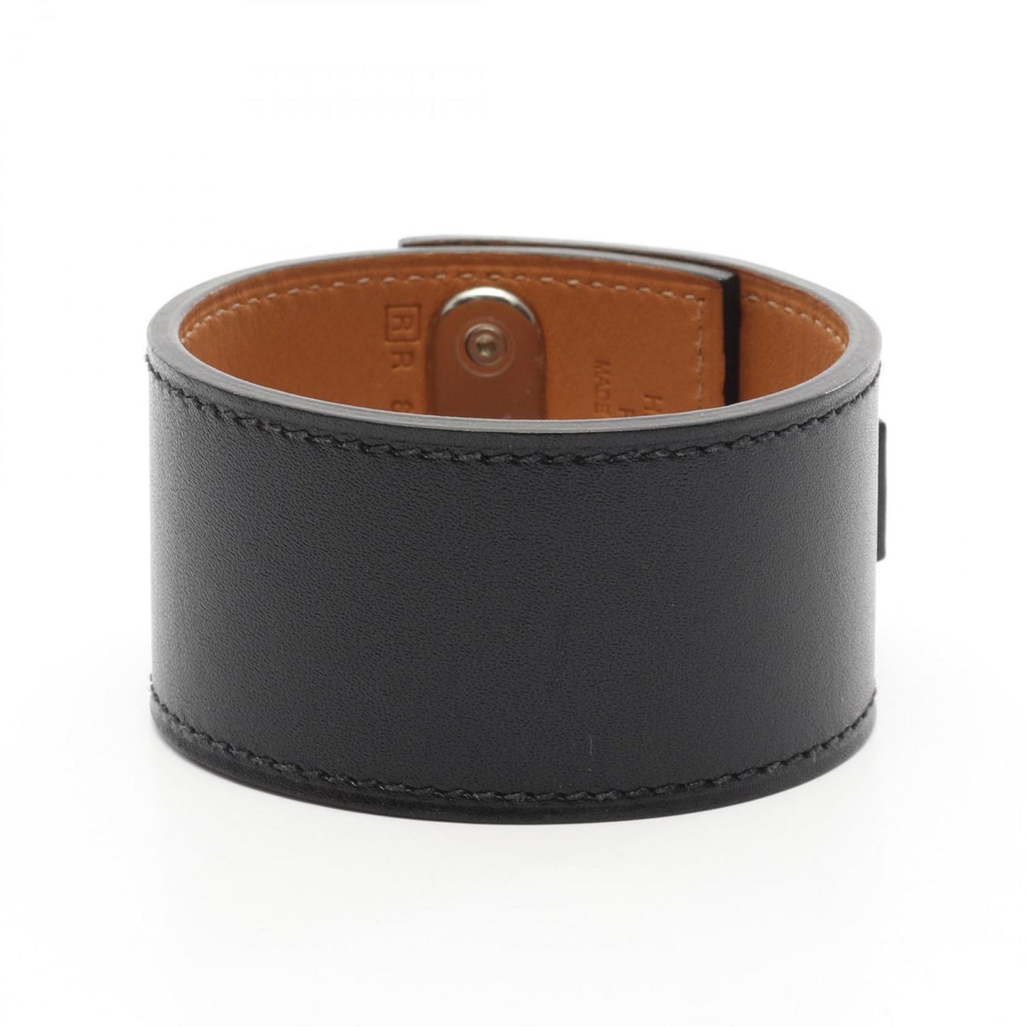 HERMES Intense Black Leather & Stainless Steel Bangle Bracelet