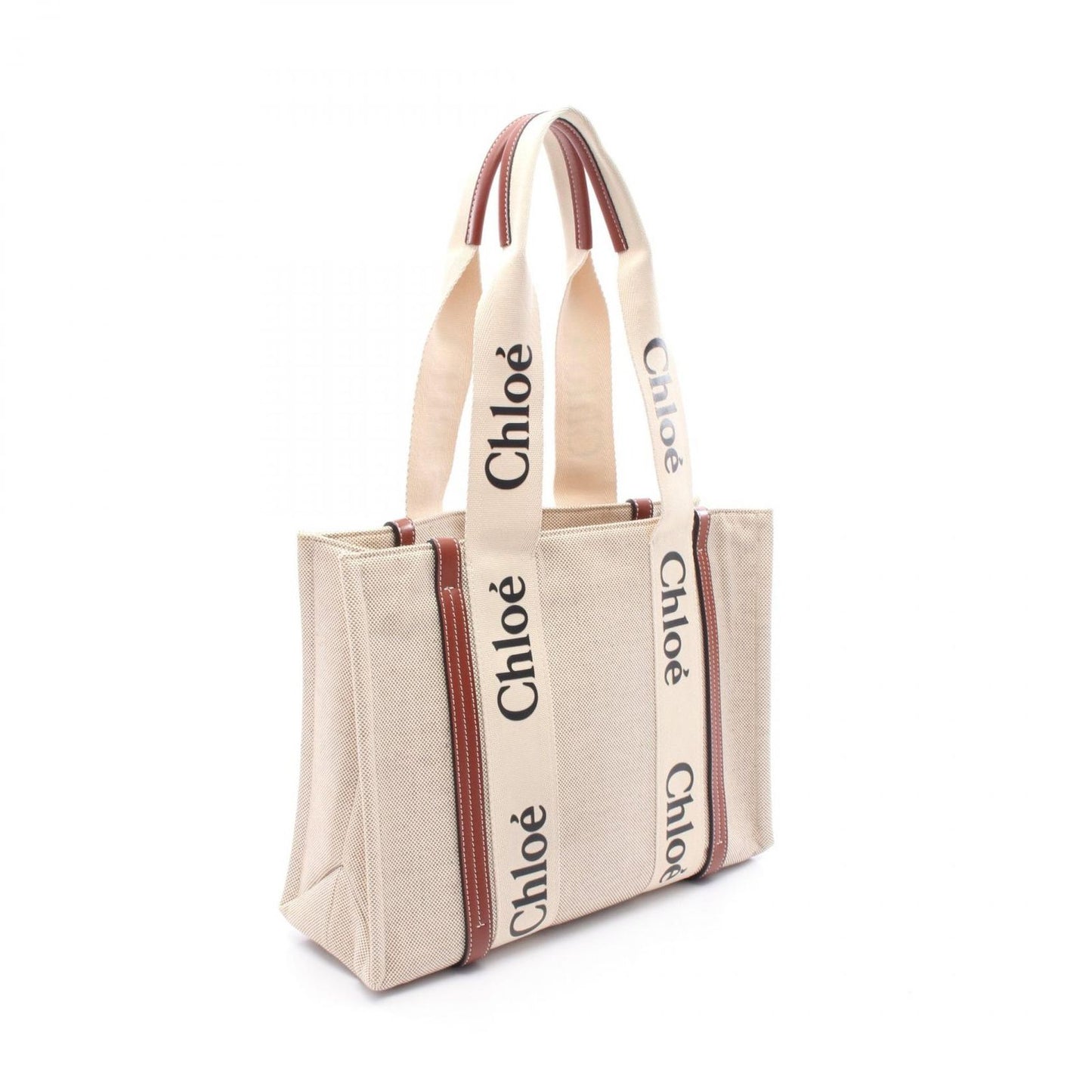 Chloe Woody Medium Tote Bag in Natural/Brown Canvas & Leather